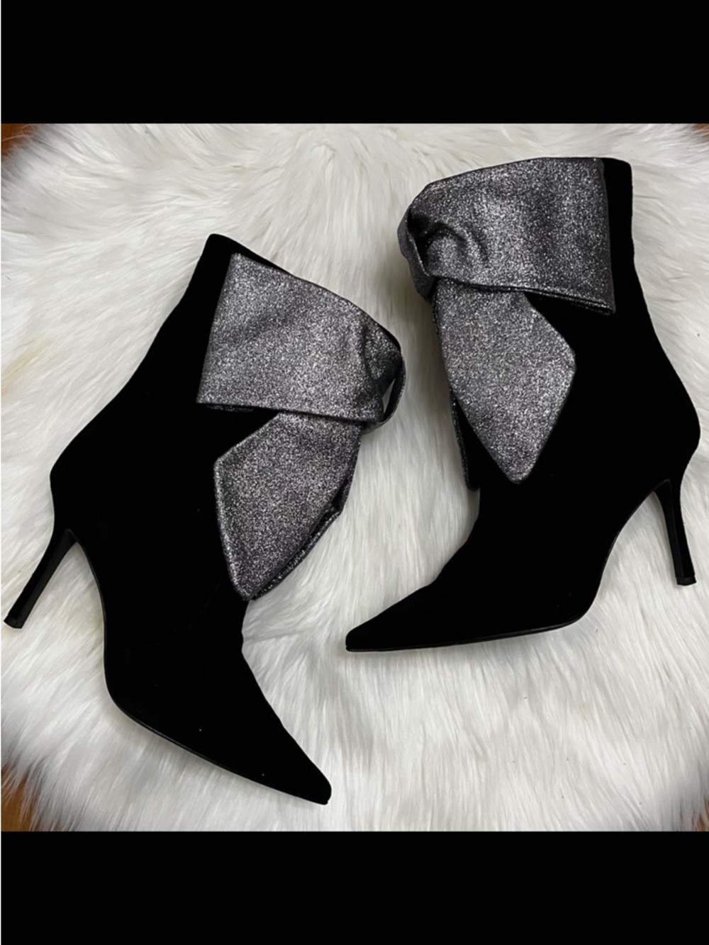 $890 | Domenico Vacca Black Suede Stiletto Glitter Bow Heel Boots sz. 10